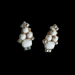 Gorgeous Milk Glass With Aurora Borealis Rhinestone Clip On Earrings